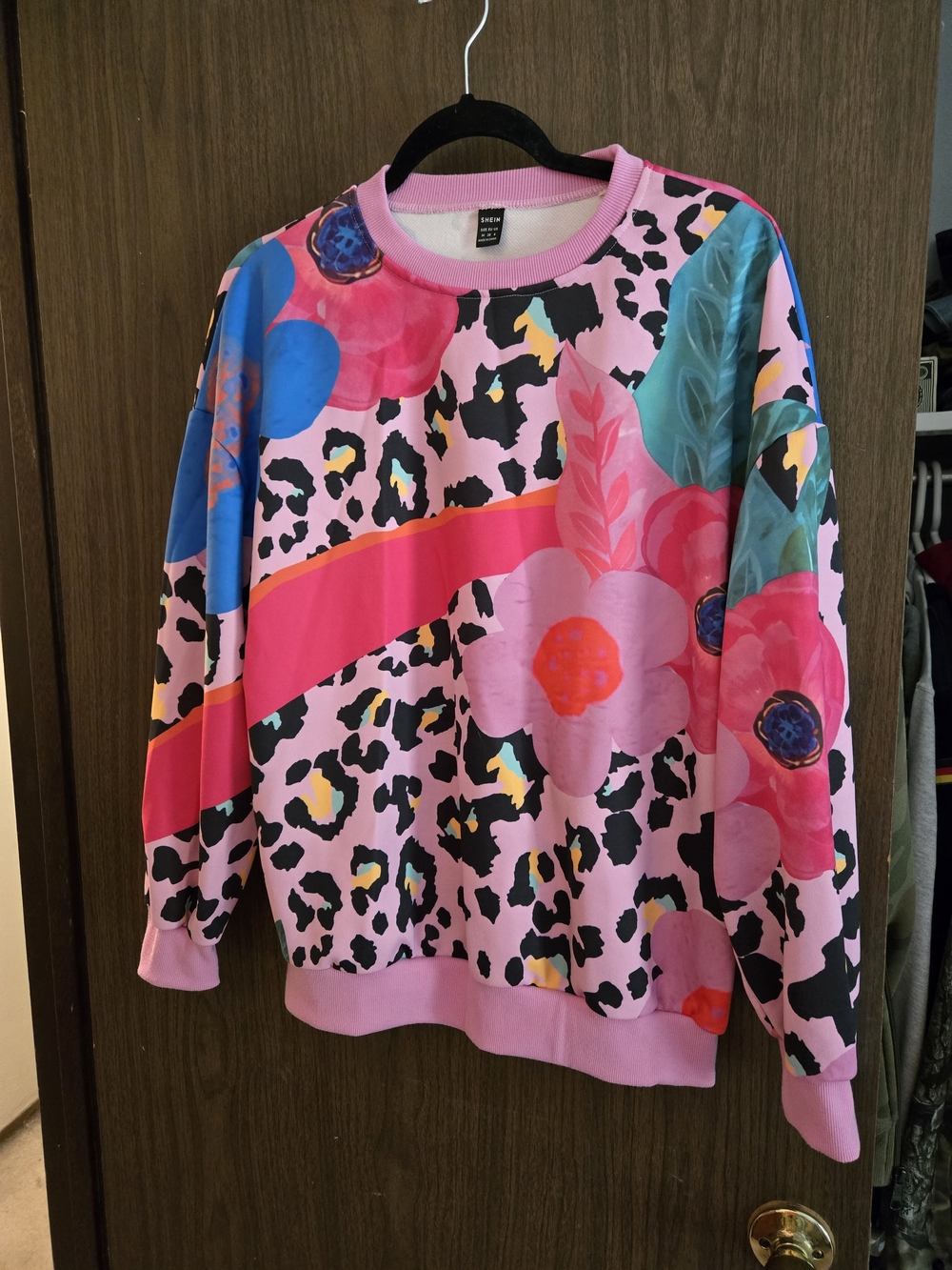 SHEIN Pink Multicolor Mixed-Print Crewneck Sweatshirt